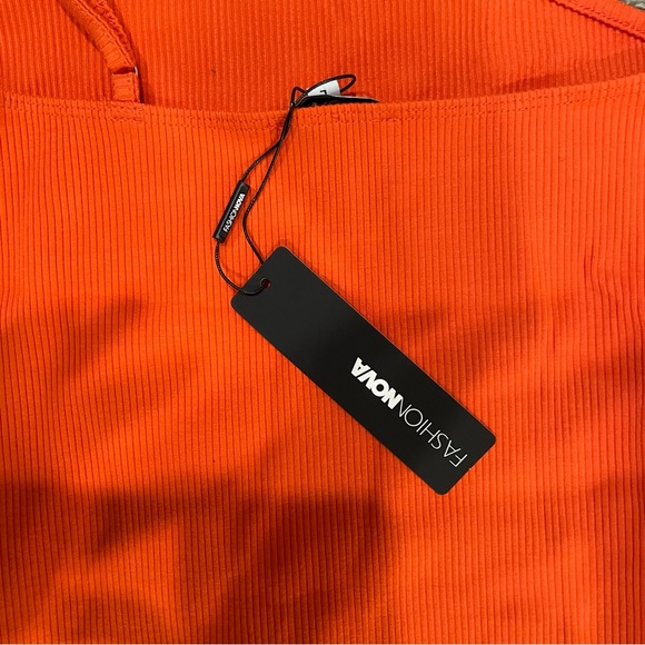 Fashion Nova Orange Ribbed Fitted Stretchy Midi Dress with Thigh Slit - Picture 5 of 6